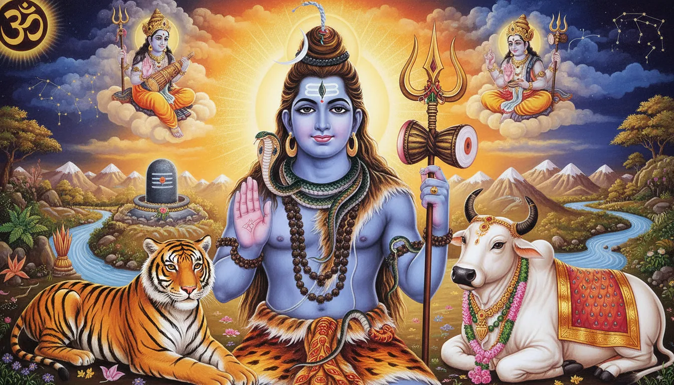 A colorful devotional artwork of Lord Shiva with sacred symbols, animals, and family figures.