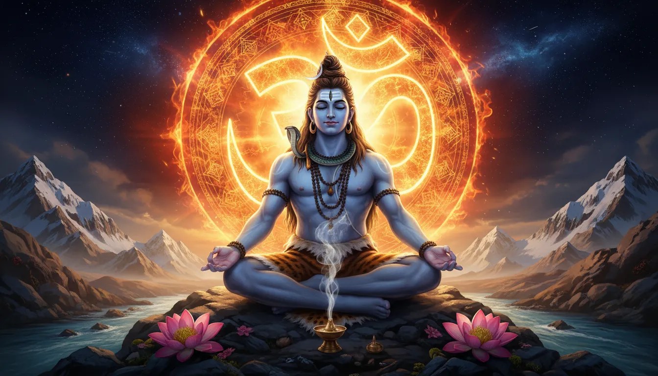 Lord Shiva meditating in front of a giant, glowing golden Om symbol surrounded by flames and lotus flowers.
