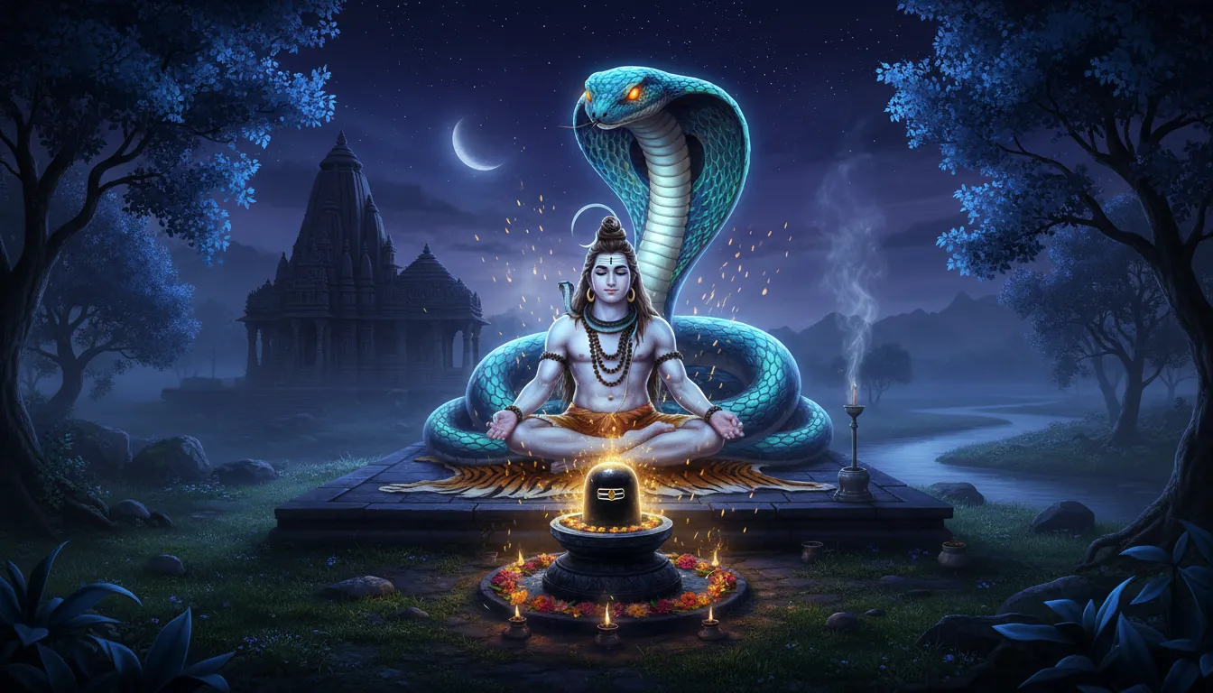 Lord Shiva meditating on a tiger skin next to a glowing Shivling and a massive cobra snake.