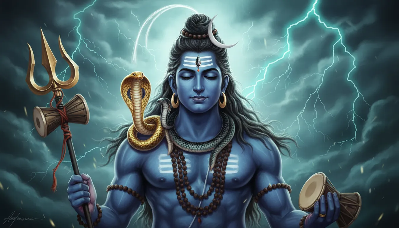 A powerful close-up of Lord Shiva with blue skin, a golden cobra around his neck, and lightning in the background.