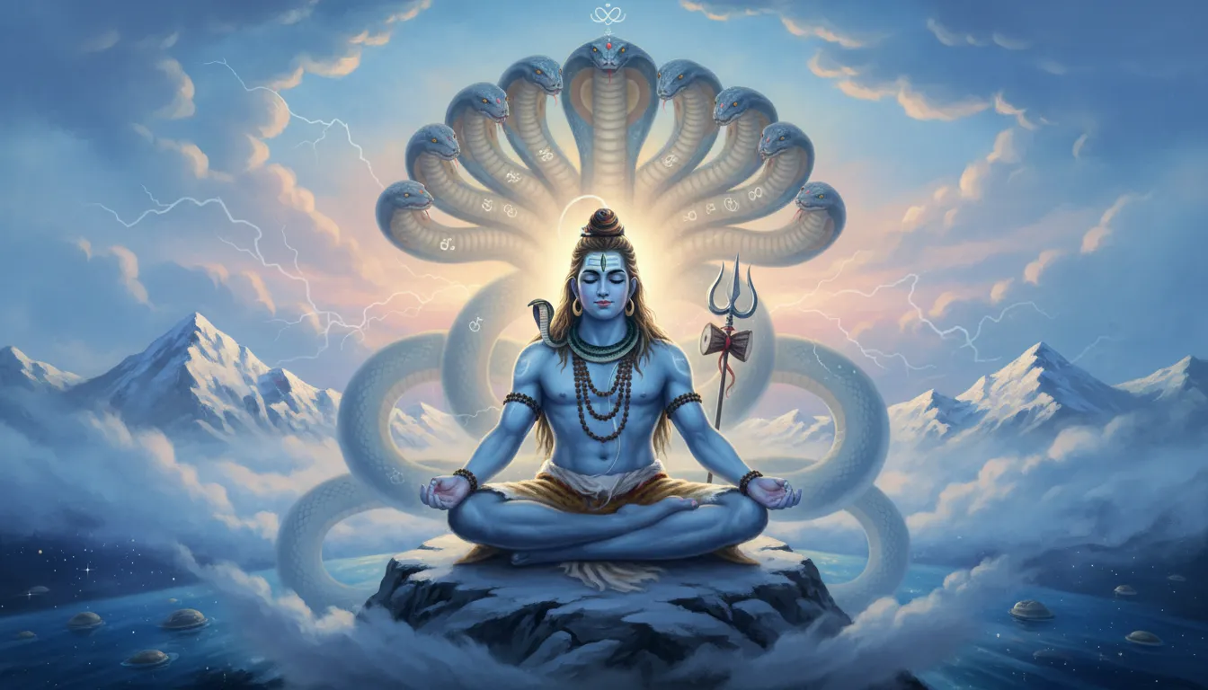 Lord Shiva meditating with a giant multi-headed cobra rising behind him in the mist.