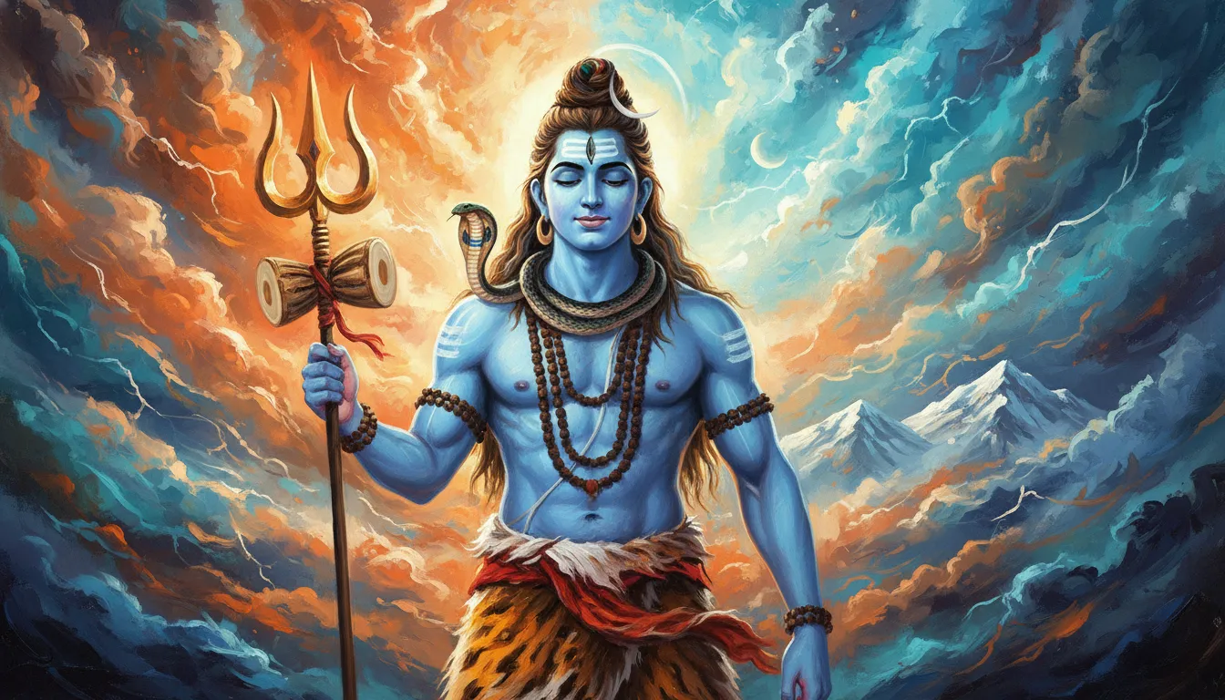 A detailed artistic painting of Lord Shiva in blue tones holding a trident with a cobra around his neck.