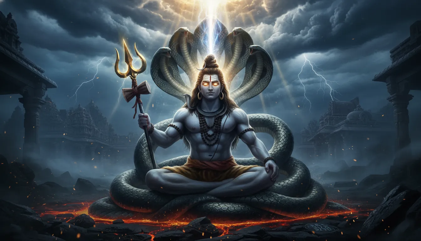 Lord Shiva stands with a trident before a giant serpent under a glowing mystical sky surrounded by temple structures.