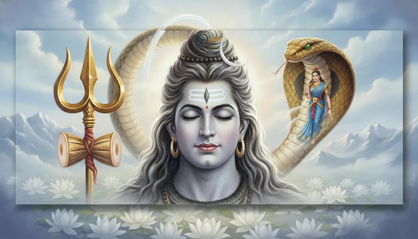A serene close-up of Lord Shiva featuring the crescent moon and a large protective cobra in the background.
