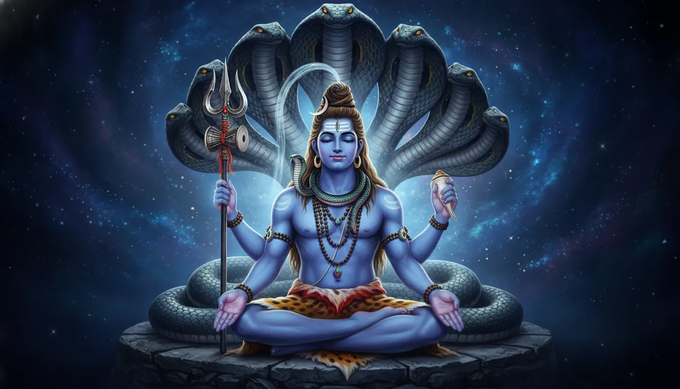 Lord Shiva in a meditative pose with a massive seven-headed cobra rising behind him.