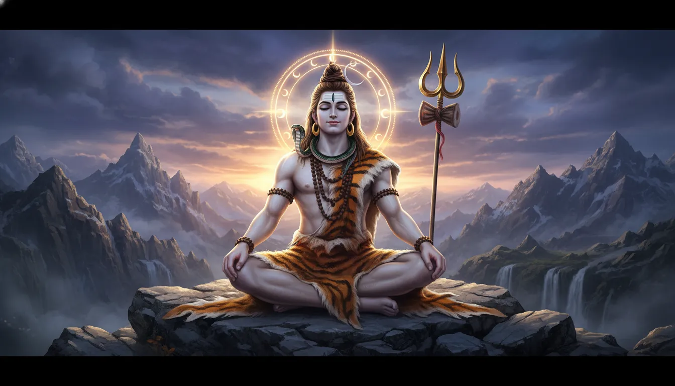 Lord Shiva seated cross-legged with a trident, crescent moon symbols, mountain clouds, and a bright circular halo behind him.