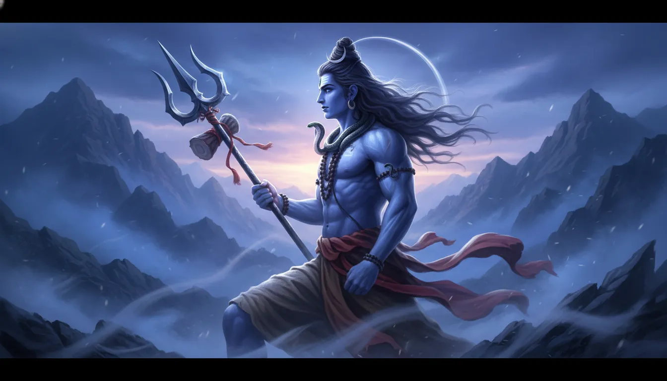 A blue-toned Lord Shiva holding a trident against a misty mountain background.