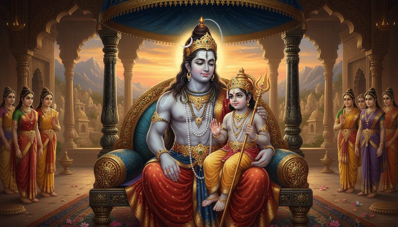 A warm, detailed painting of Lord Shiva as a father, holding a young child (Murugan) on his lap.