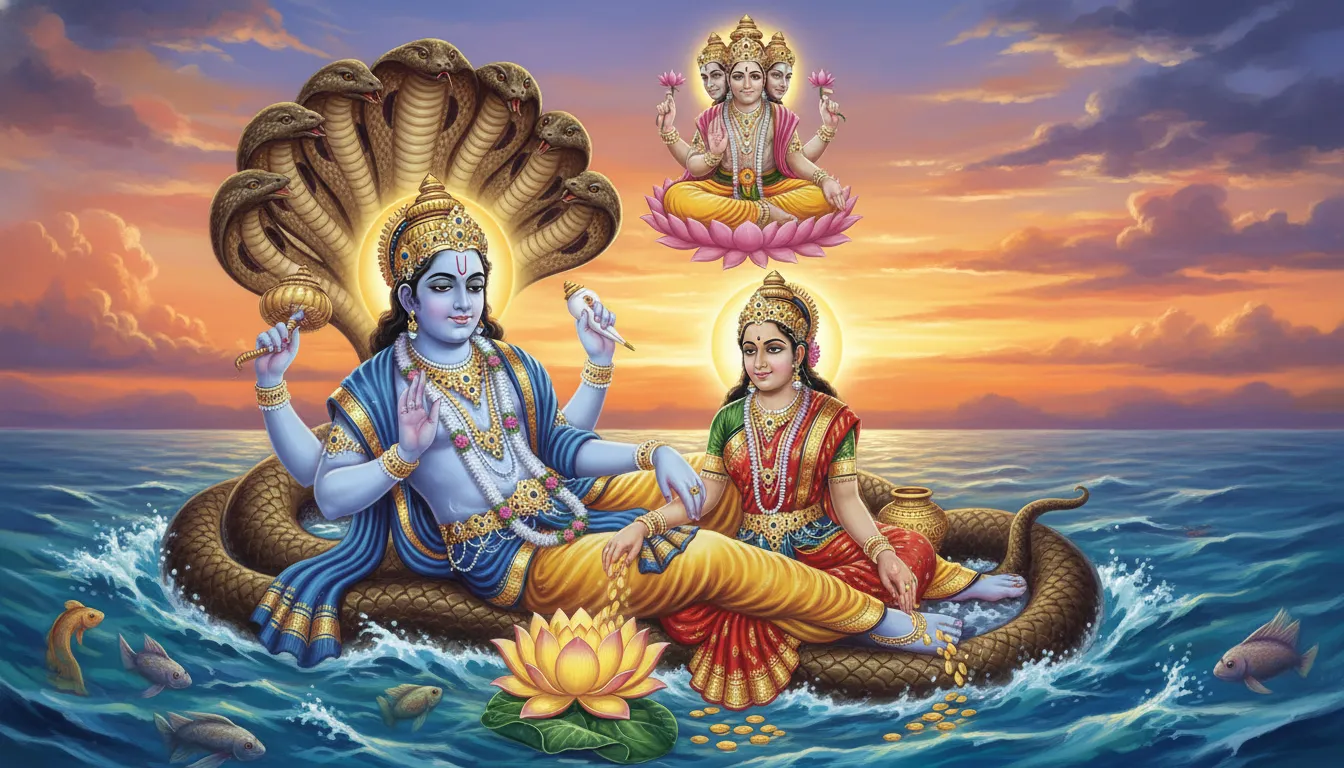 Lord Vishnu reclines on a serpent in the ocean while Goddess Lakshmi sits beside him under a glowing sunset sky.