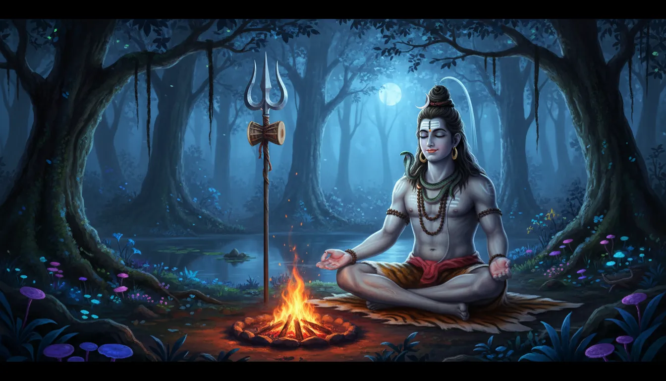 Lord Shiva sitting in padmasana pose in a dark, mystical forest under moonlight.