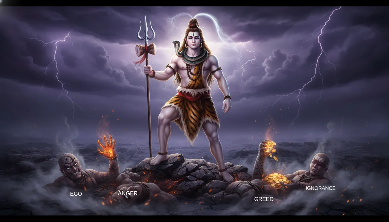 Mahadev warrior pose with trishul and serpent on mythical battlefield