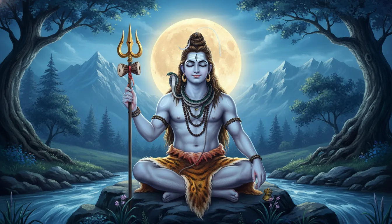 Lord Shiva holding trishul and damru with glowing moon behind him wallpaper.