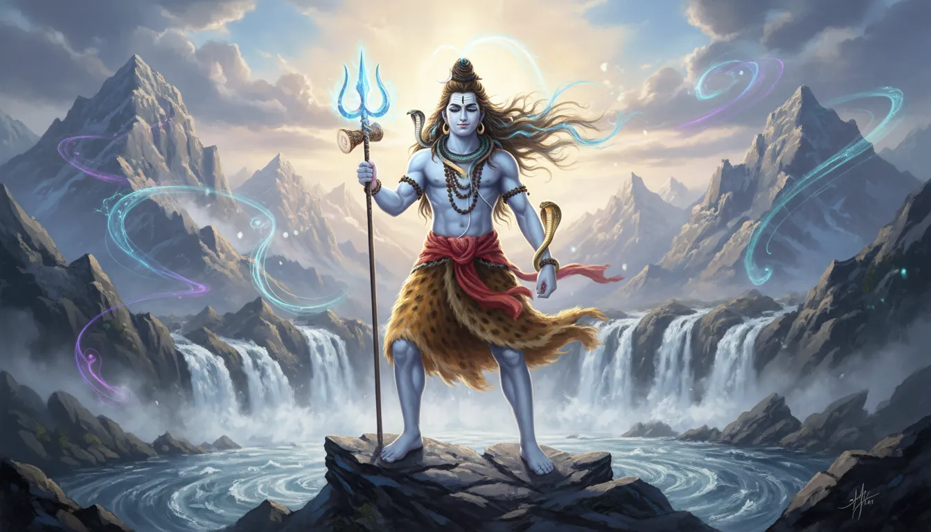 Lord Shiva sits powerfully among rocky mountains and waterfalls, holding a trident with a glowing halo behind him.