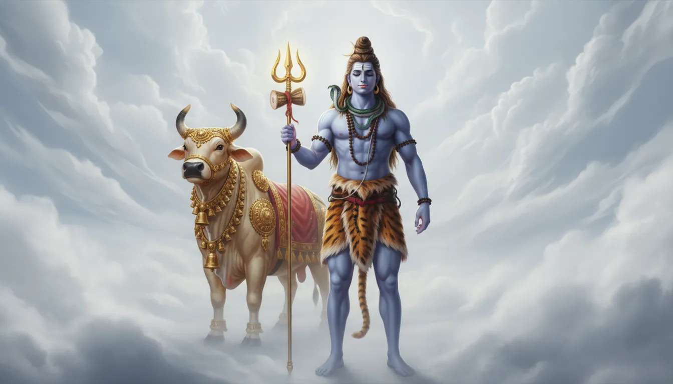 A powerful depiction of Lord Shiva standing with his Trishula, featuring Nandi the bull in the background amidst white clouds.