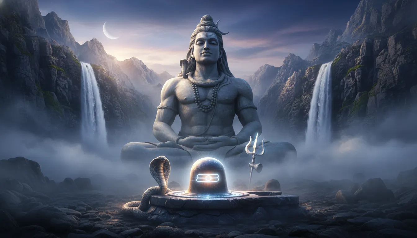 Giant stone statue of Lord Shiva surrounded by waterfalls, mountains, and a glowing Shiva Lingam in a mystical setting.