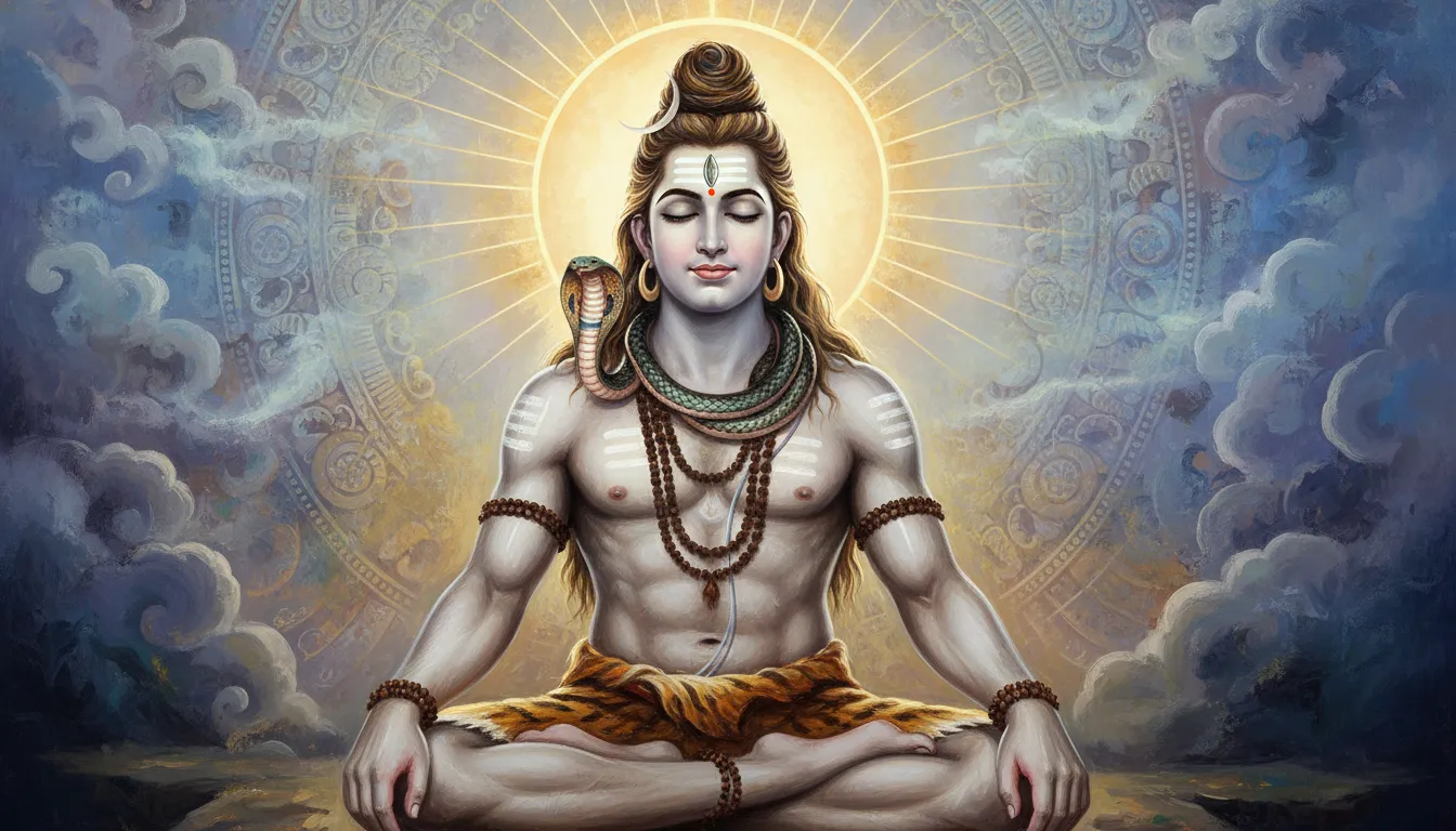 Lord Shiva seated in meditation with snake around the neck, rudraksha beads, tiger-skin cloth, and glowing circular aura.