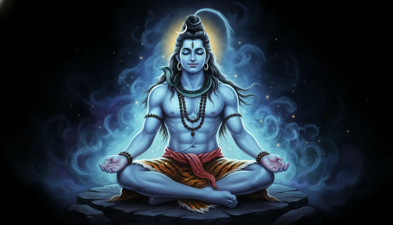 Digital artwork of Lord Shiva sitting in deep meditation surrounded by glowing blue smoke and dark mystical background.