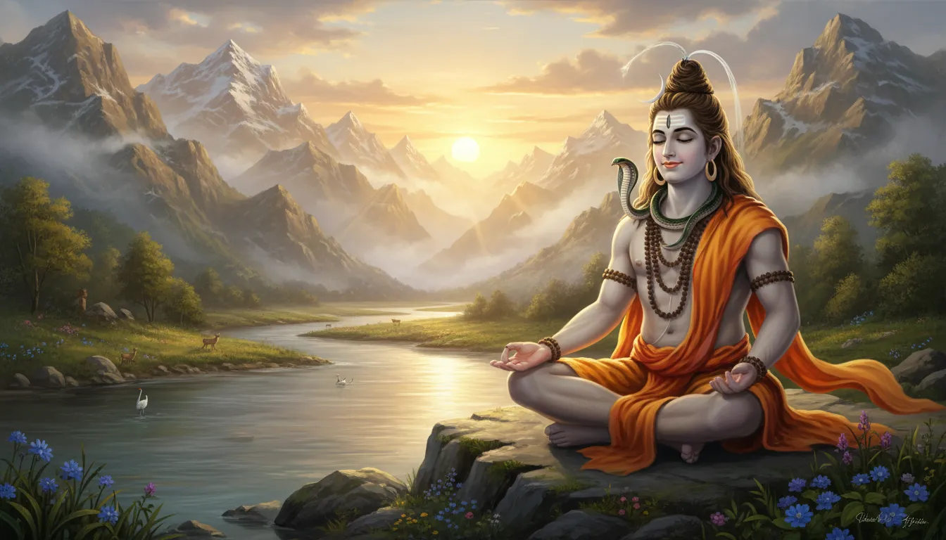 Lord Shiva meditating peacefully near a calm river surrounded by mountains.