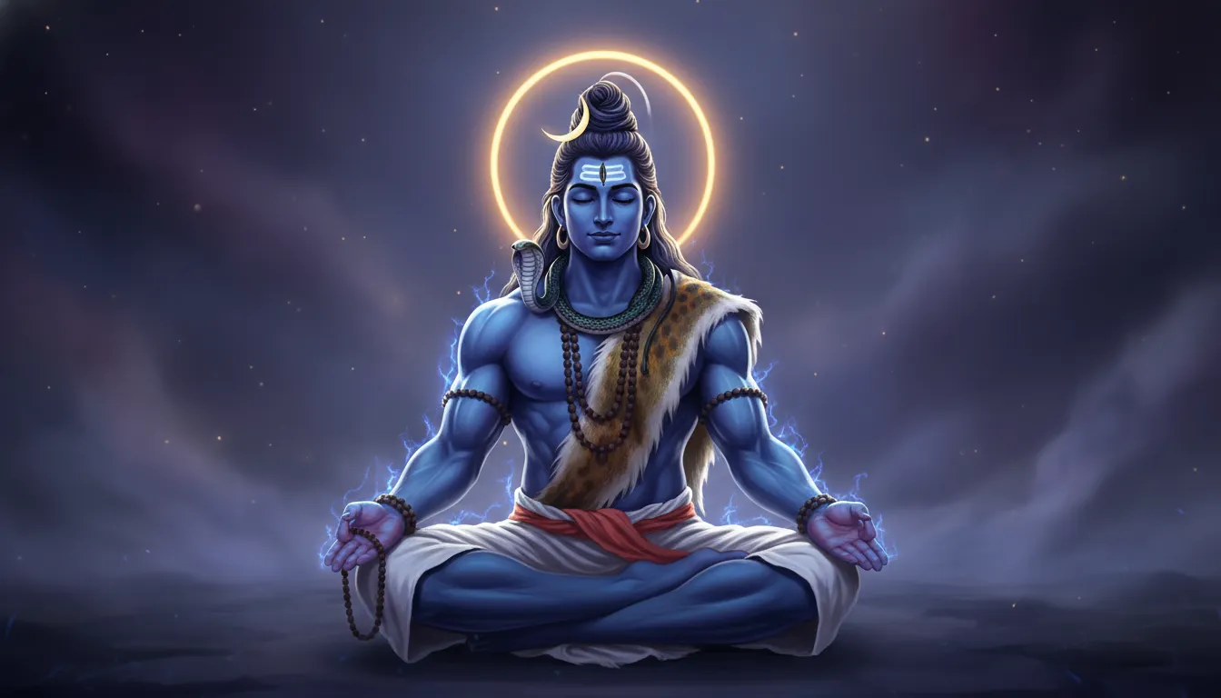 Lord Shiva sitting in a meditative lotus posture with a glowing crescent moon and a golden aura behind his head.