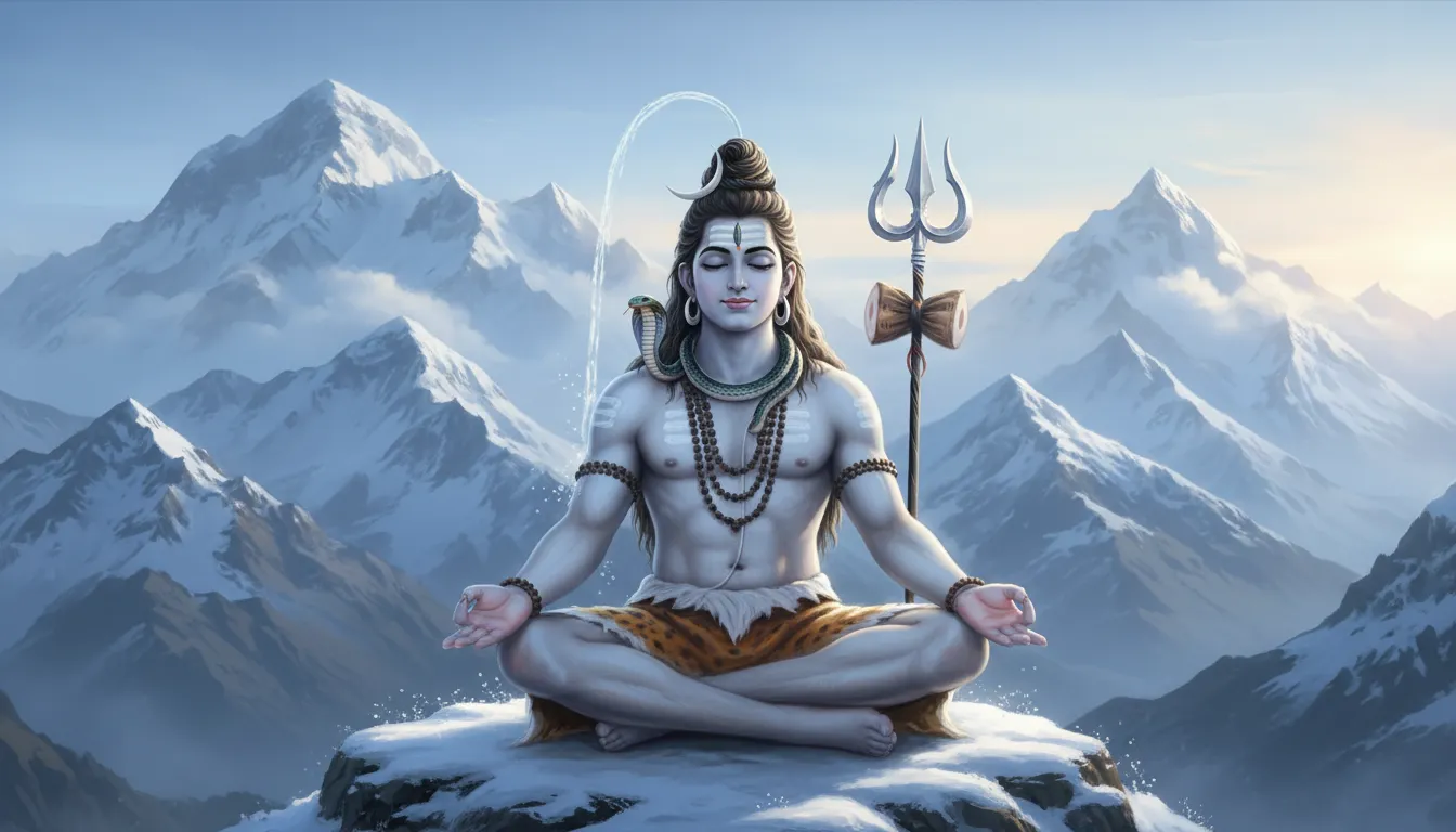Calm depiction of Lord Shiva meditating in snowy mountains with trident and sacred serpent.