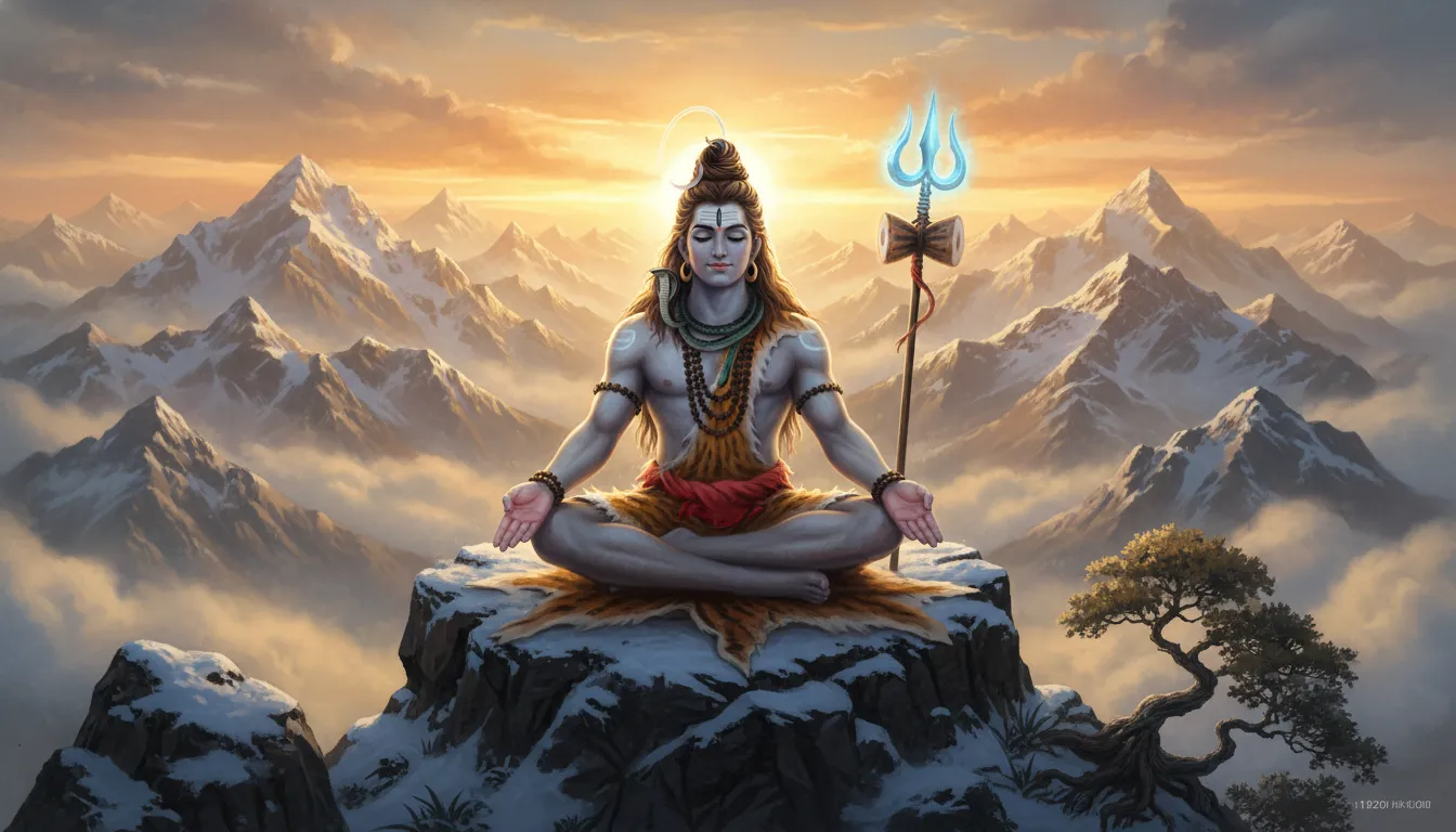 Lord Shiva meditating peacefully on a mountain peak with snowy Himalayan mountains in the background.