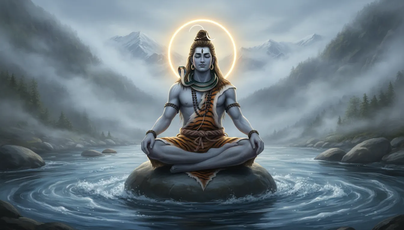 Lord Shiva sitting in a meditative pose on a rock in the middle of a flowing river.