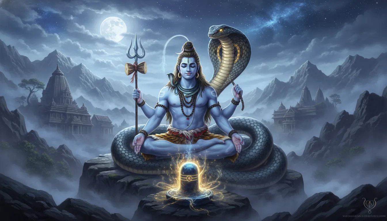 Lord Shiva meditating beside a giant glowing cobra in a misty mountain temple landscape.