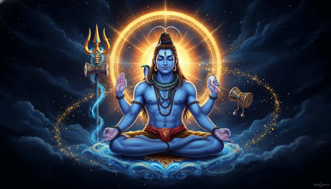 A blue-toned Shiva figure sitting in meditation with a glowing circular aura, trident, drum, and spiritual decorative elements.