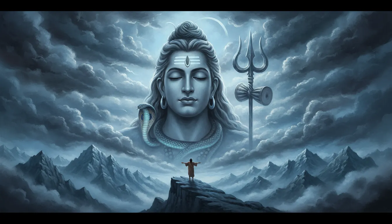Large serene face of Lord Shiva emerging through misty mountains with a trident beside him.