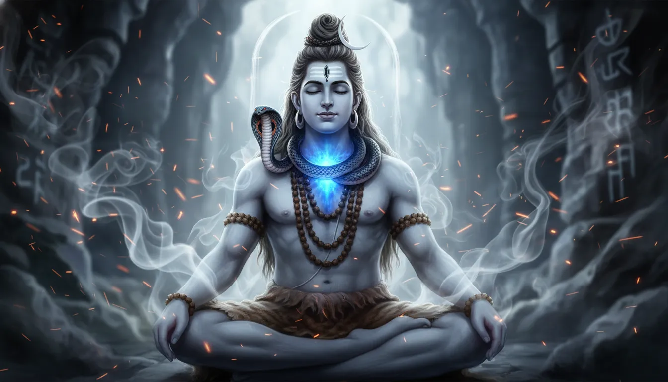 Lord Shiva in a peaceful meditative state with a glowing blue throat (Neelkanth) and a cobra wrapped around his neck.