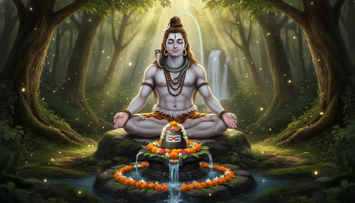 A dark-toned Shiva figure meditating behind a decorated Shivling with flowing water, flowers, and forest lights.