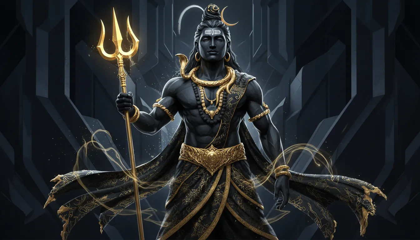 Modern artistic depiction of Lord Shiva in black stone style holding a golden trident.