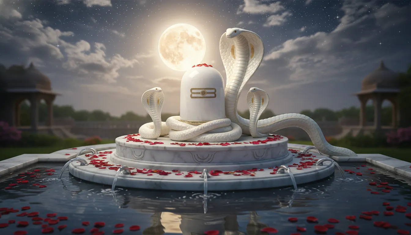 Shiva lingam surrounded by white serpents under a glowing full moon with water and rose petals