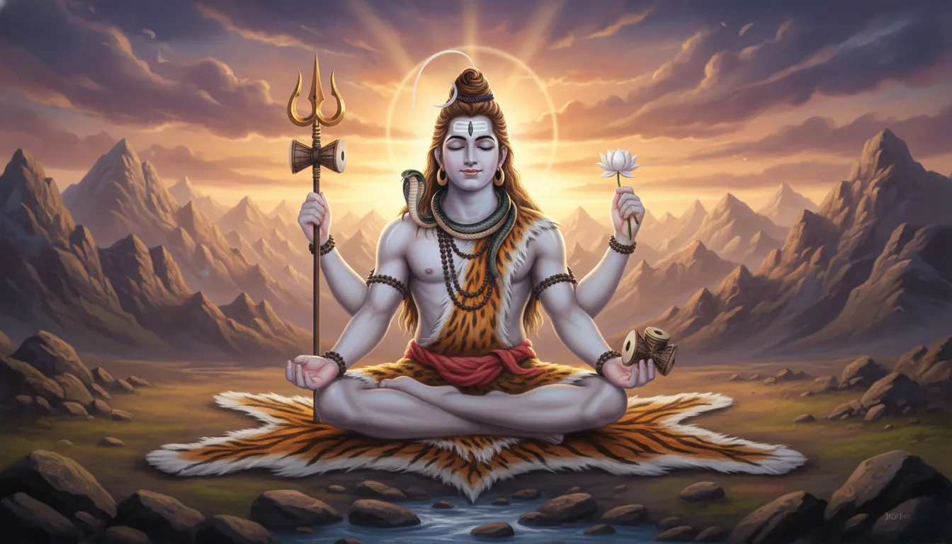 Artistic illustration of multi-armed Lord Shiva seated in meditation with sacred symbols and mountain scenery.