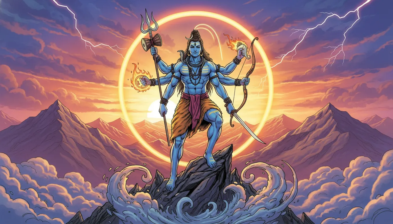 An illustration of Lord Shiva with multiple arms holding various divine symbols
