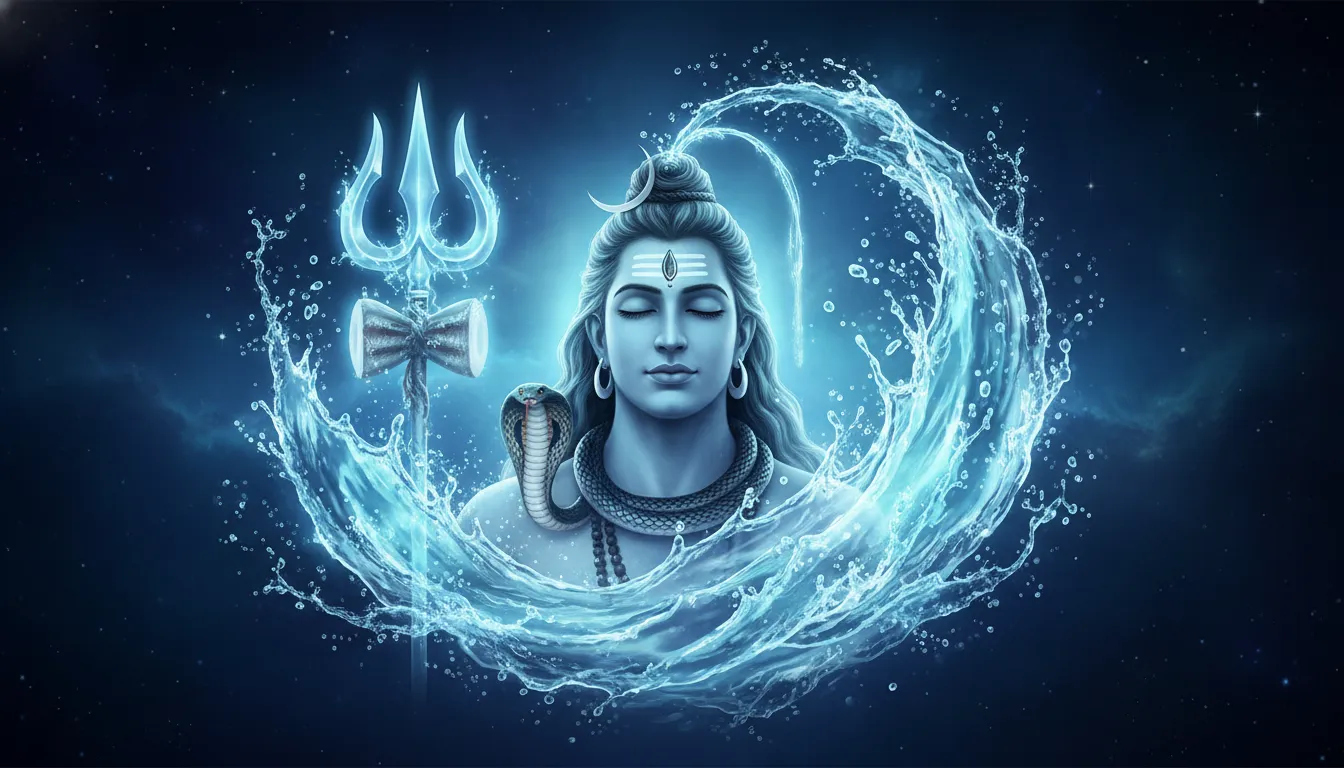 Blue-toned Lord Shiva surrounded by splashing water and holding a trident.