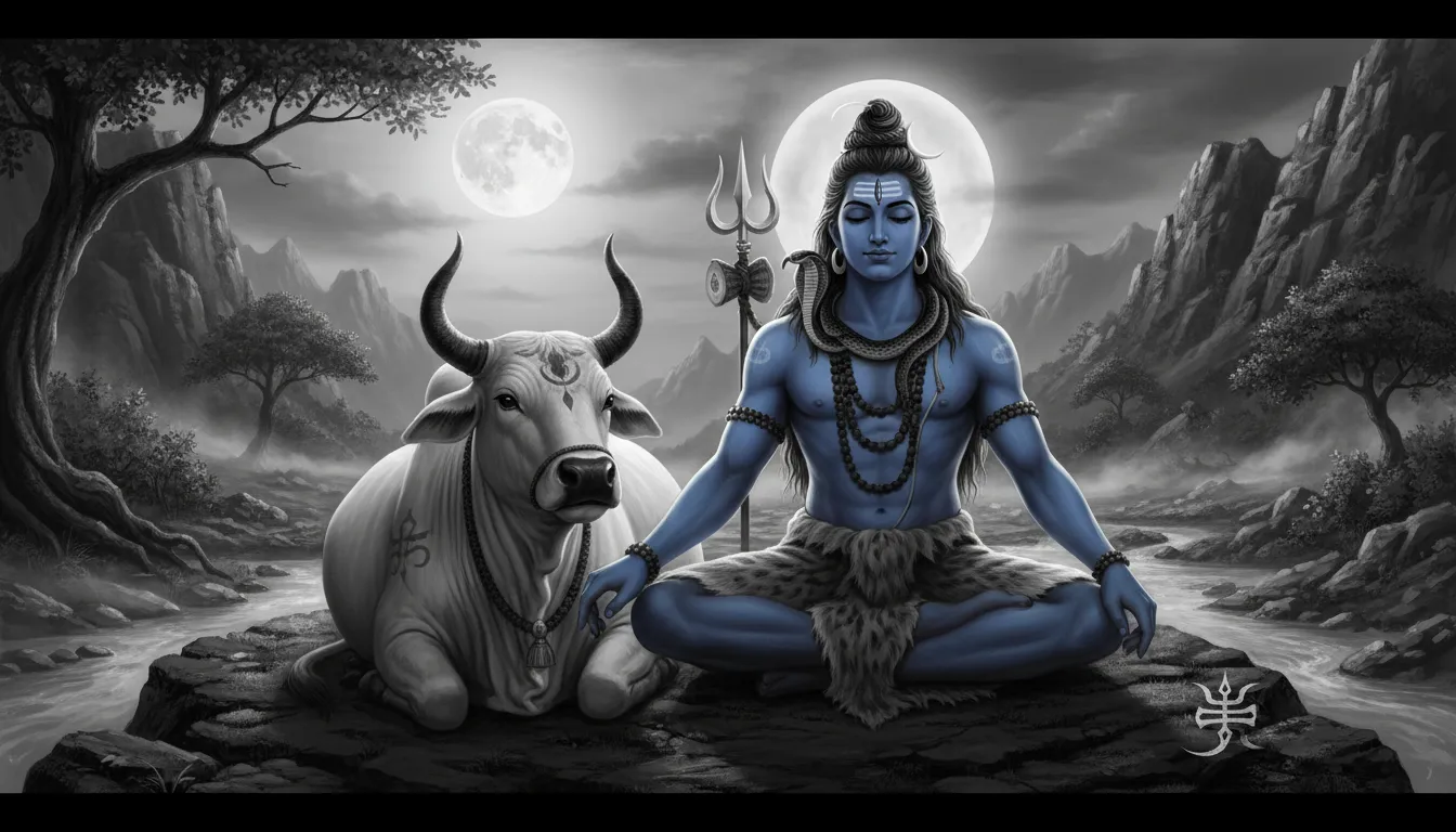 Blue-toned artwork of Lord Shiva sitting beside a sacred bull under a glowing full moon.