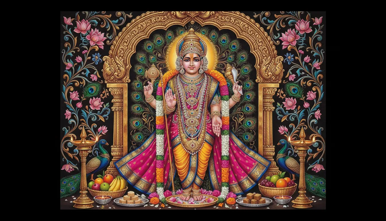 A richly decorated Hindu deity stands beneath an elaborate arch with floral patterns, lamps, animals, and offerings around the figure.