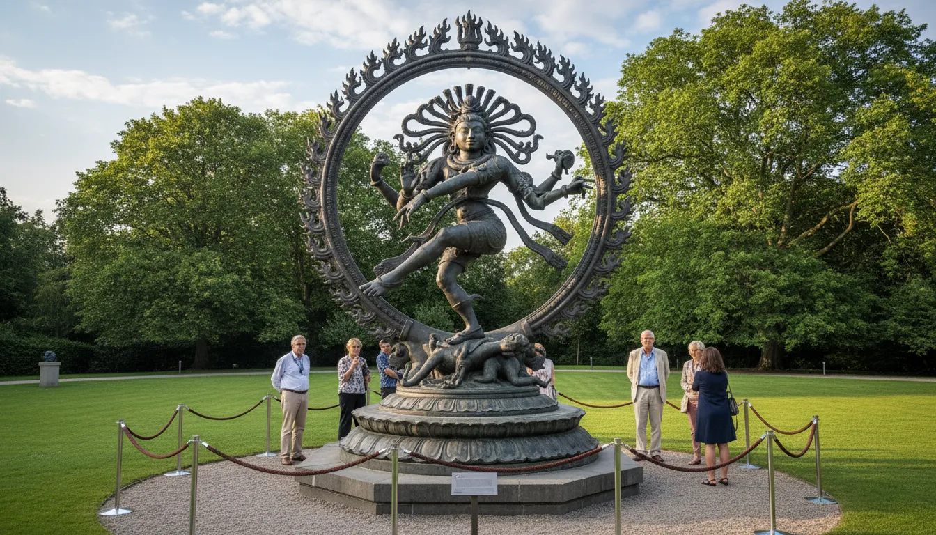 A bronze Nataraja statue stands outdoors inside a circular ring, surrounded by greenery and mounted on a pedestal.
