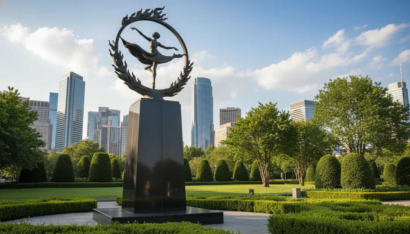 A large bronze dancing deity statue displayed outdoors on a black pedestal between modern buildings.