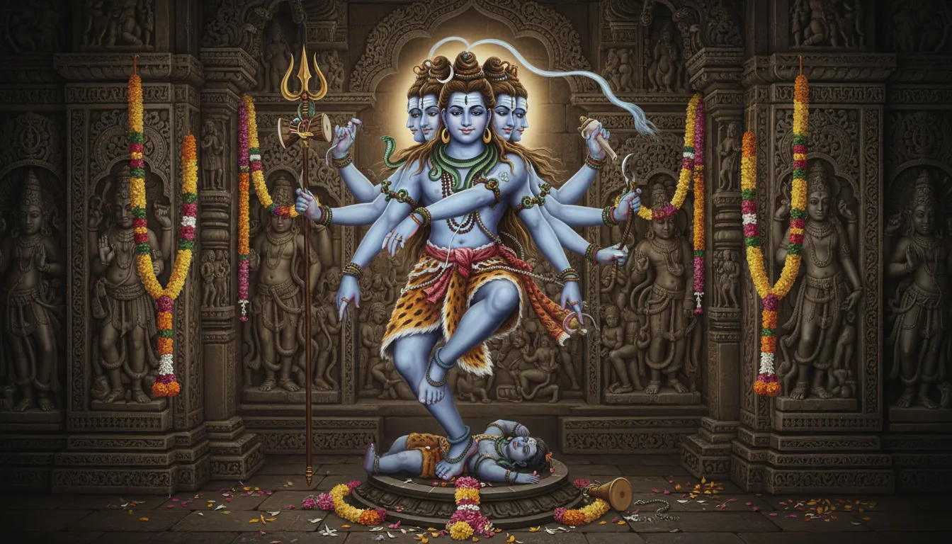 Five-faced Lord Shiva in a cosmic dance pose inside a stone temple.