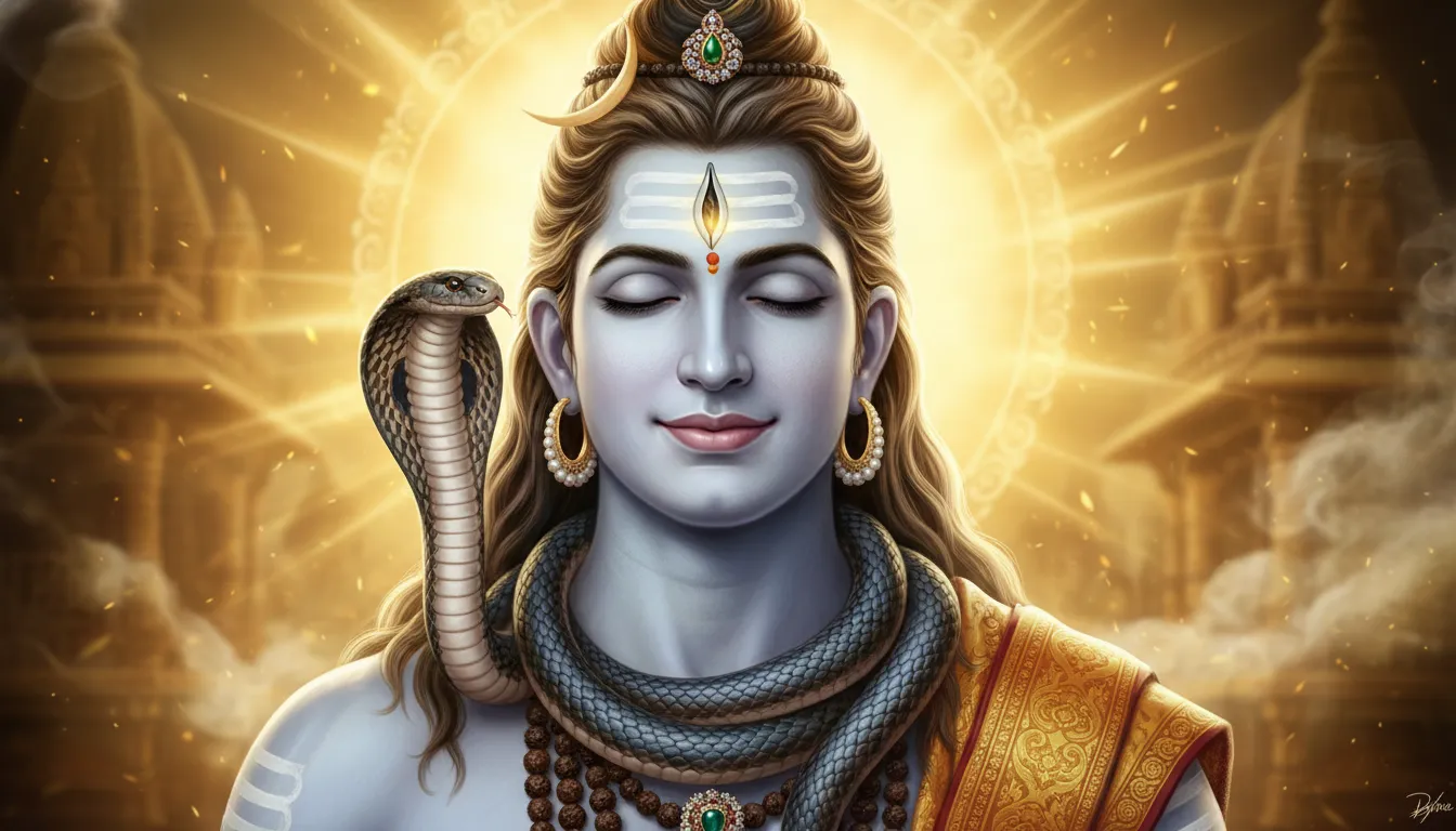 A close-up statue of Lord Shiva with a snake around the neck and warm sunset colors behind.