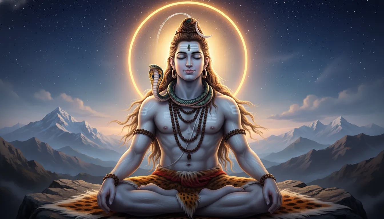 Peaceful Lord Shiva with snake, rudraksha beads, and glowing aura.