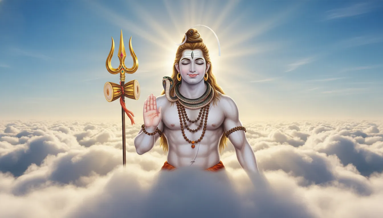 Shiva with closed eyes and raised blessing hand floating above soft clouds under a bright sky