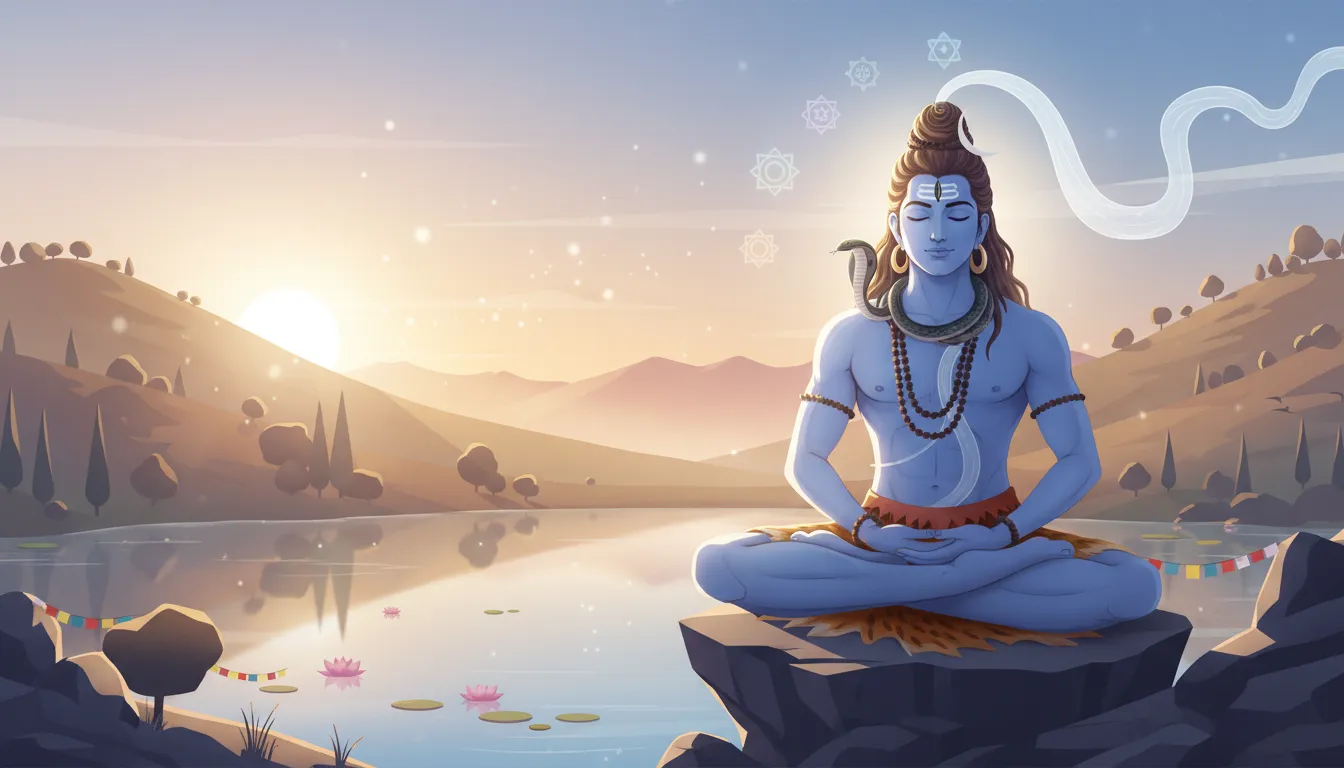 Minimalist art of Lord Shiva sitting in lotus pose by a calm river with mountains in the back.