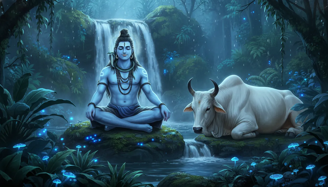 Lord Shiva meditating in a lush forest near a waterfall with a white bull in the background.