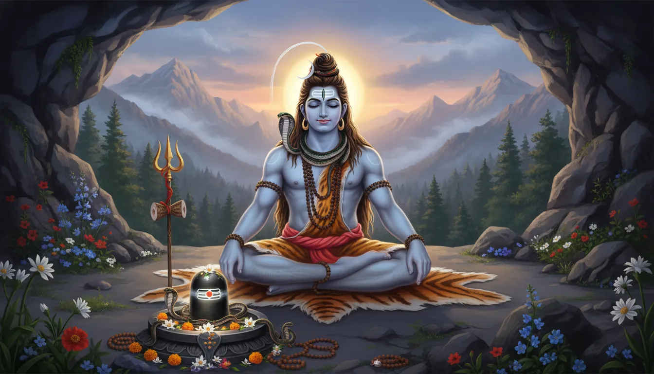 Lord Shiva sitting peacefully inside a glowing cave with mountains, sacred symbols, and spiritual surroundings.
