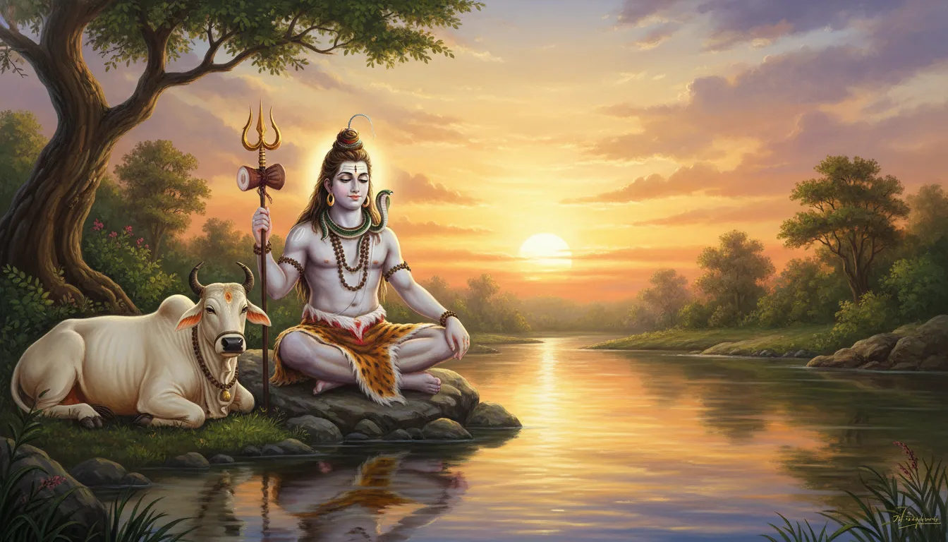 Lord Shiva relaxing beside Nandi near a river during a golden sunset.