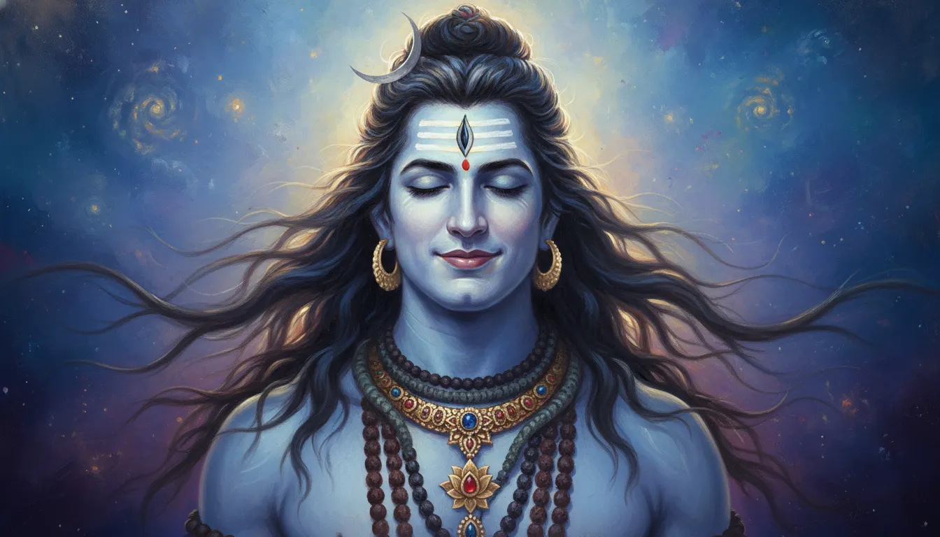 Close-up artistic portrait of Lord Shiva with sacred markings, crescent moon, and traditional ornaments.