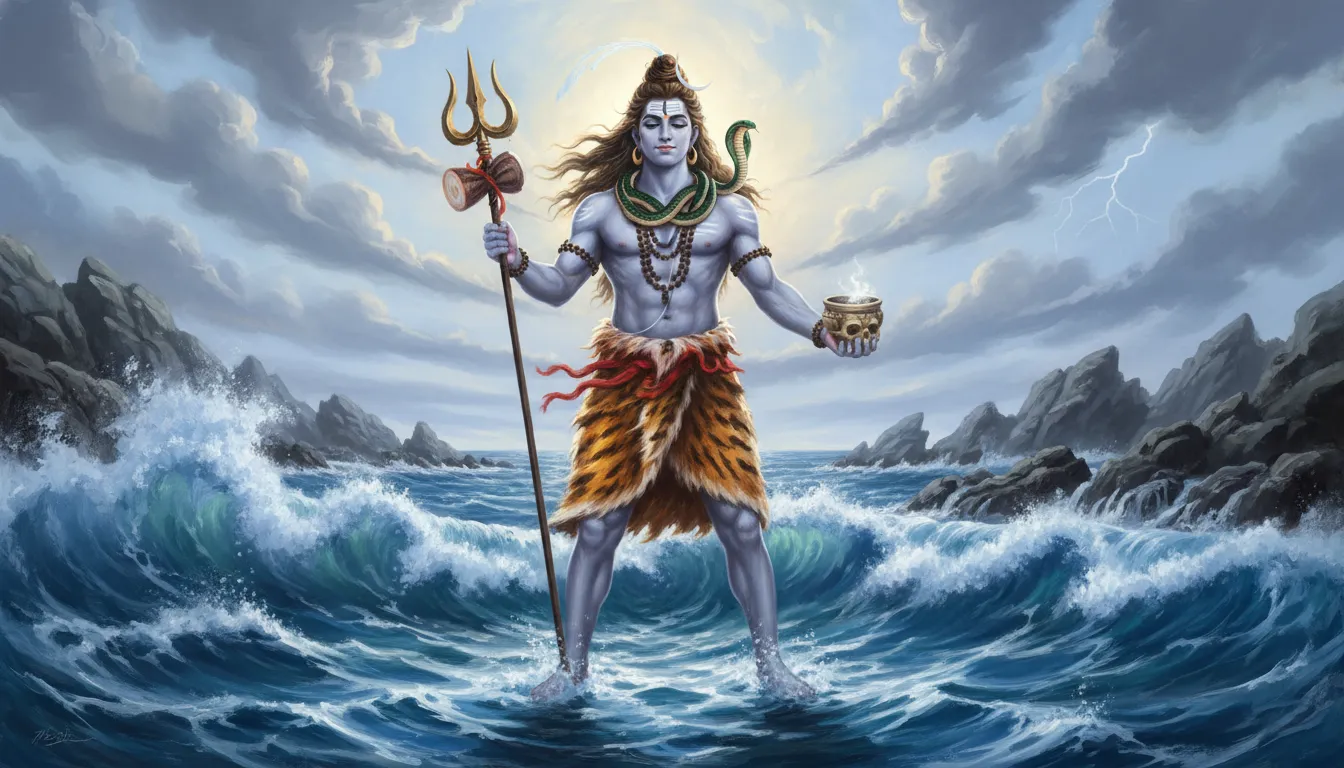 Lord Shiva standing in ocean waves holding a trident and sacred bowl with flowing hair.